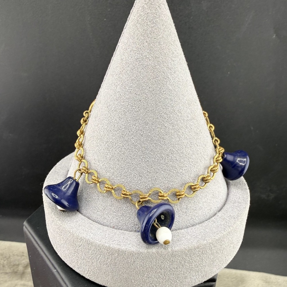 Vintage Estate Charm Bracelet Gold Tone Blue Plastic Dangle Bell 7"